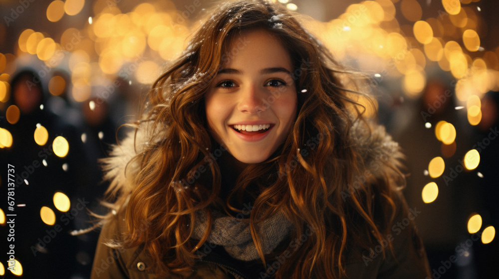 Beautiful young woman on Christmas market, closeup. Winter holiday.