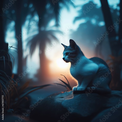 portrait of a cat in the park at night