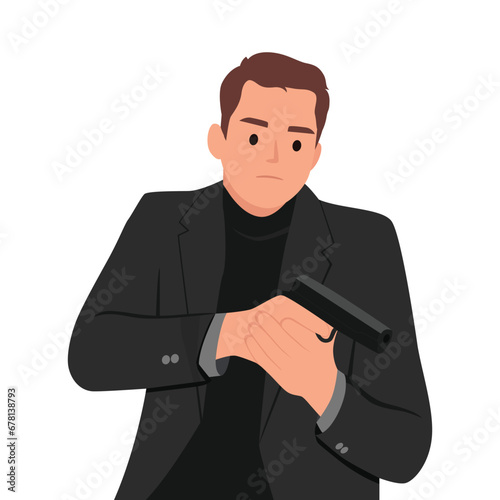Young cool secret agent, bodyguard or assassin holding gun weapon, handgun. reload bullet. Flat vector illustration isolated on white background