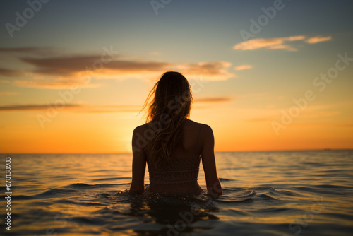 Rear view of woman standing in ocean during sunset, soft light photography © alisaaa