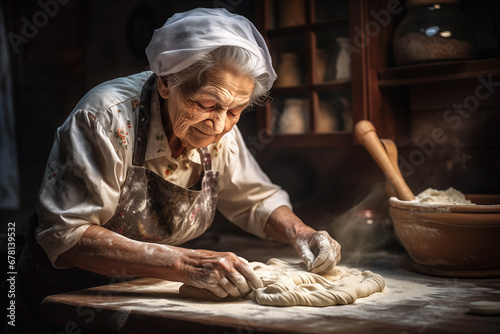 An elderly woman preparing pasta dough