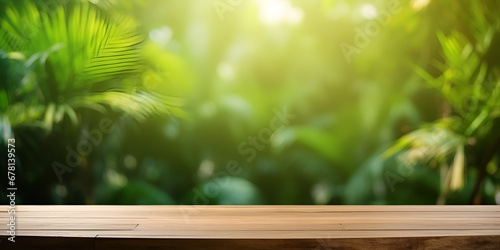 A Wooden Tabletop In the Middle Of An Nature Scenery Premade Photo Mockup Background  An empty wooden table in the middle of jungle Generative Ai