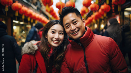 Portrait of Chinese couple with Chinese traditional clothing, on Chinese new year street © hakule