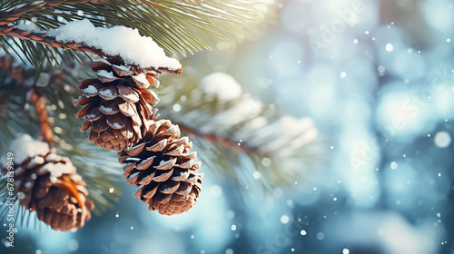 Winter background with pine branches with pine cones in a snowy forest, Christmas tree. New Year header for a website with Copy space.