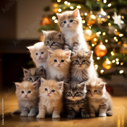 Winter background with cute little kittens near the Christmas tree. New Year image for social networks.