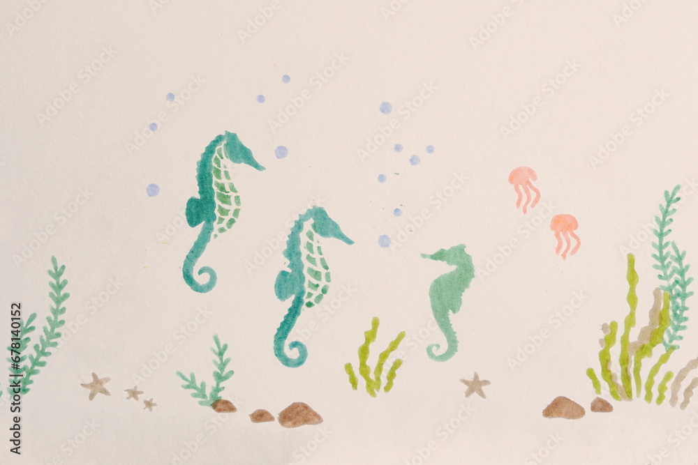 Watercolors of Seahorses, Seaweed on White Background