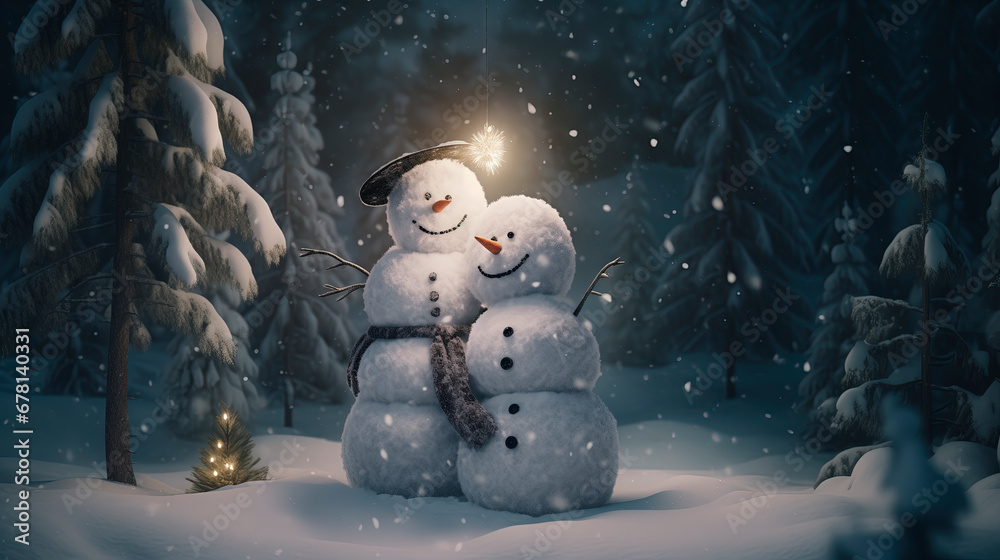 Obraz premium Hugging snowmen. Snowmen in love in the forest. Happy New Year and Merry Christmas. Fairytale relationships