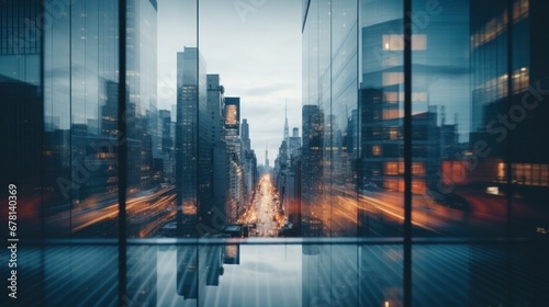 business and finance.abstract business background with buildings and people in motion.view of the city from the window. motion blur.  photo