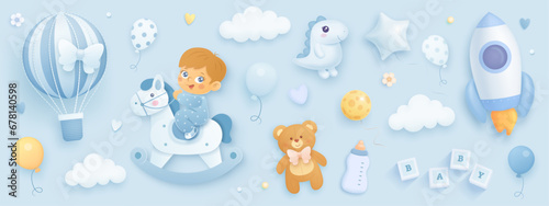 Baby boy shower set. Realistic 3d vector illustration of cartoon baby boy, helium balloons, rocket, hot air balloon, horse, bear isolated on blue background