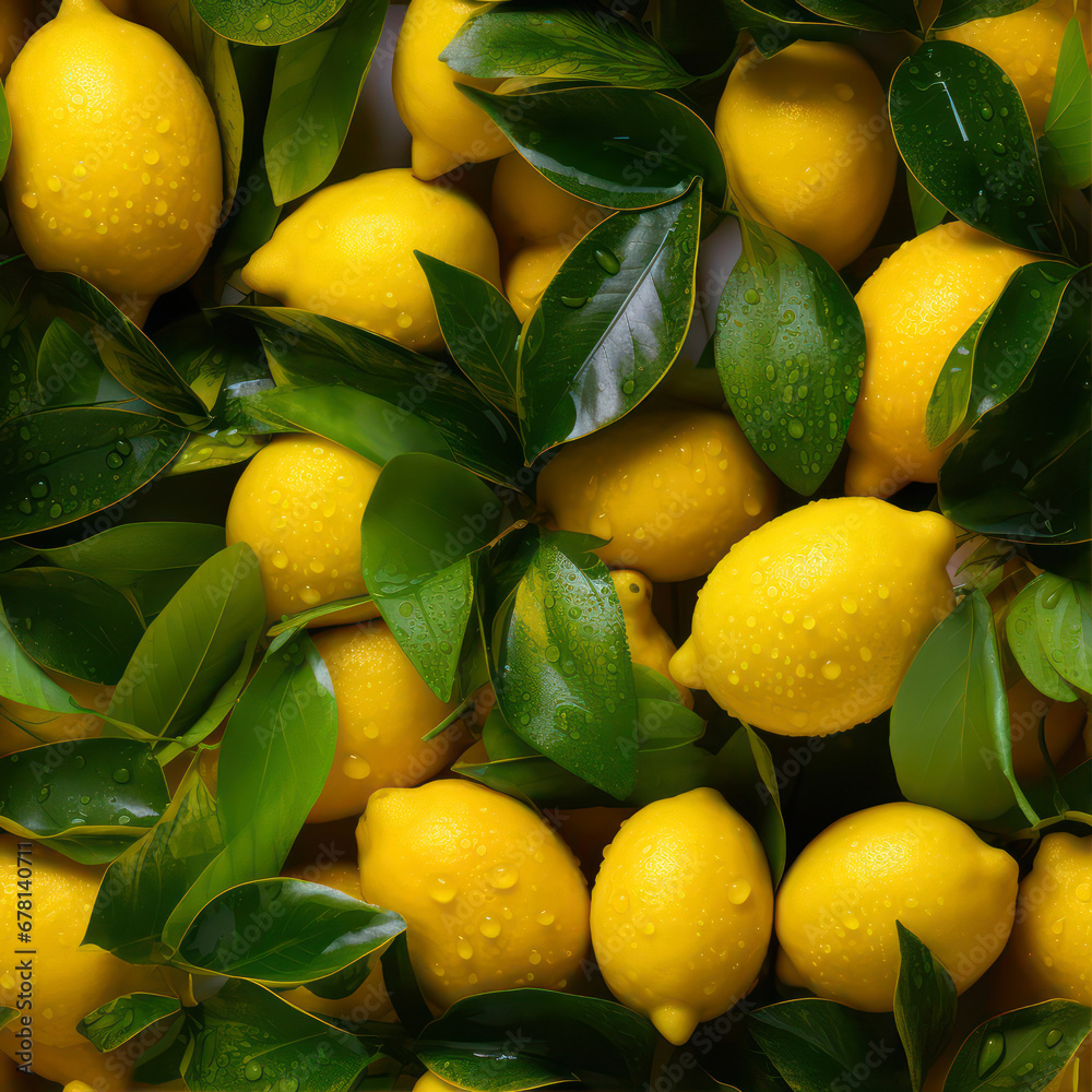 Lemons with leaves and water drops. Background. Close-up.