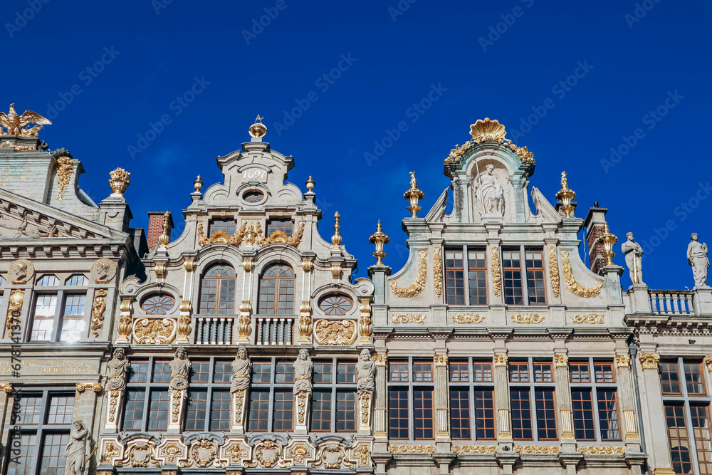 Close up of facades on the Grand Place (or Grote Markt) in Brussels, Belgium.