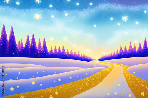 Christmas greeting card background watercolor like illustration - cold winter s night with twinkling starry sky and blurred snowflakes falling on the snow.
