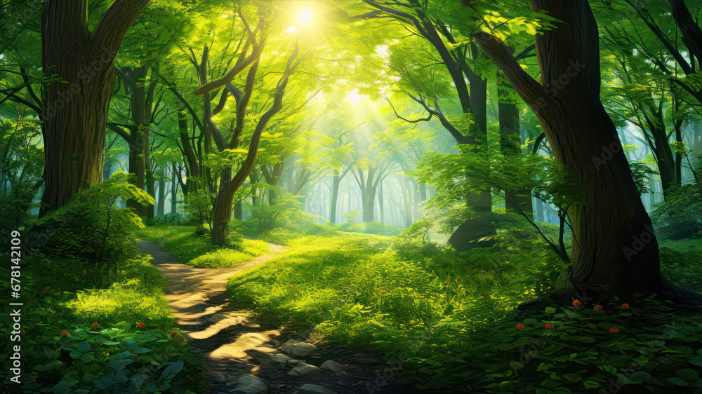Beautiful green forest with path and sun rays.