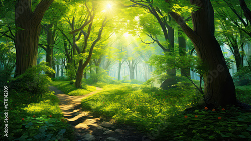 Beautiful green forest with path and sun rays.