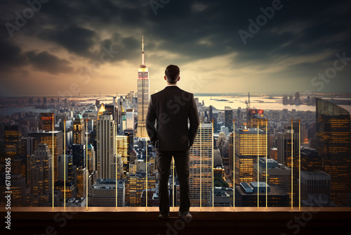Rear view of young businessman standing on big bar chart and looking at blurry cityscape, Concept of stock market and investment, soft light photography