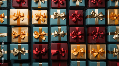 Background of gift boxes with ribbons and bows. © Synthetica