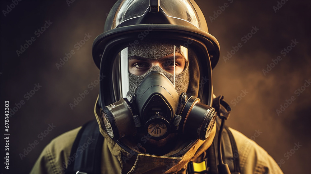 close-up of a rescue worker or firefighter wearing a mask, helmet and protective suit. close-up of a rescue worker or firefighter wearing a mask, helmet and protective suit.