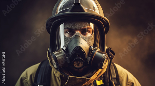 close-up of a rescue worker or firefighter wearing a mask, helmet and protective suit. 