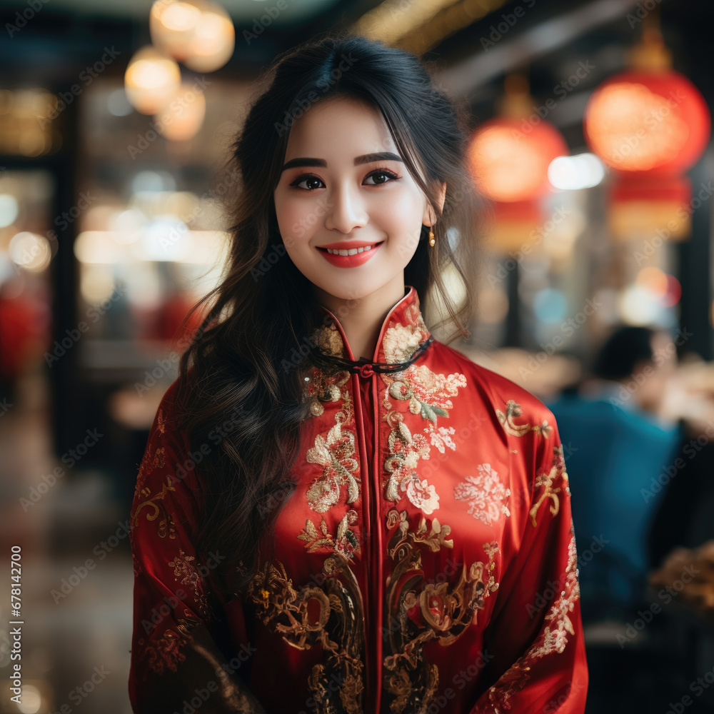 Smiling Chinese girl with Chinese traditional clothing on Chinese new year traditional festival background