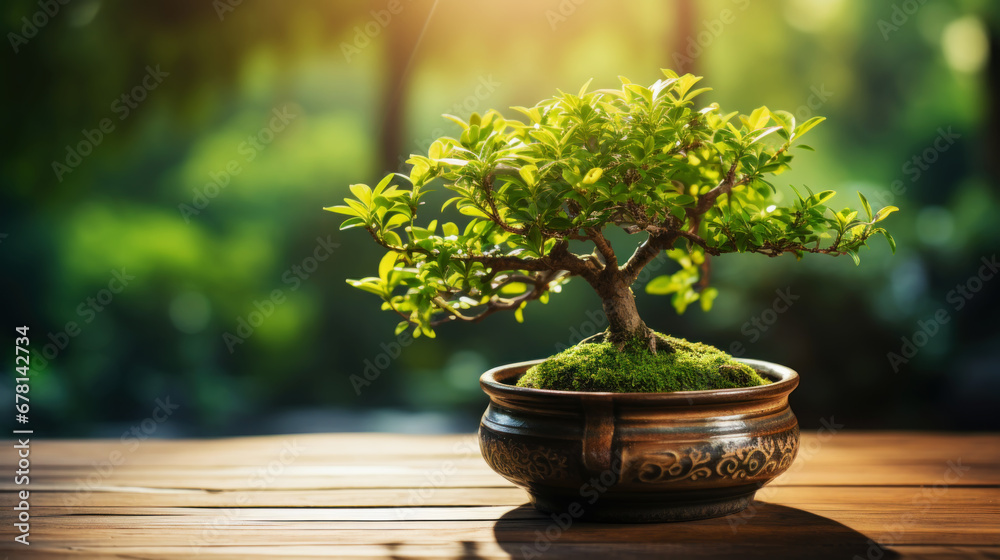 Small bonsai tree in a dark pot on green natural background with sun shine. Generative AI Small bonsai tree in a dark pot on green natural background with sun shine. Generative AI