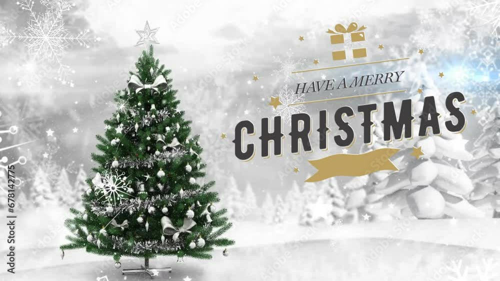 Animation of have a merry christmas text and snow falling over christmas tree in winter scenery