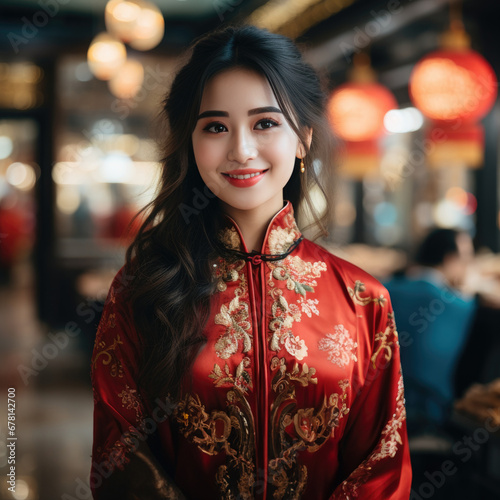 Smiling Chinese girl with Chinese traditional clothing on Chinese new year traditional festival background