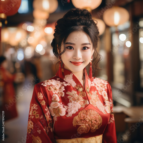 Smiling Chinese girl with Chinese traditional clothing on Chinese traditional blur background