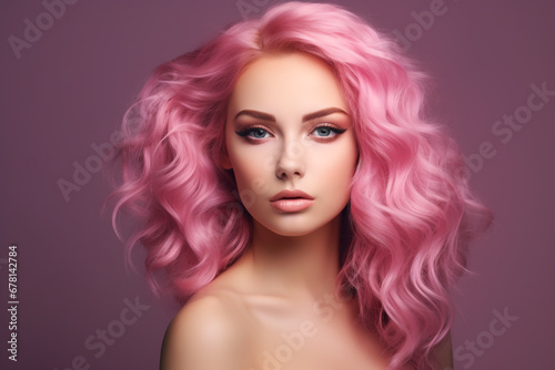 Beautiful young woman with pink hair. Perfect makeup. Fashion photo. curly hair. pink curly hair. Beauty, fashion.