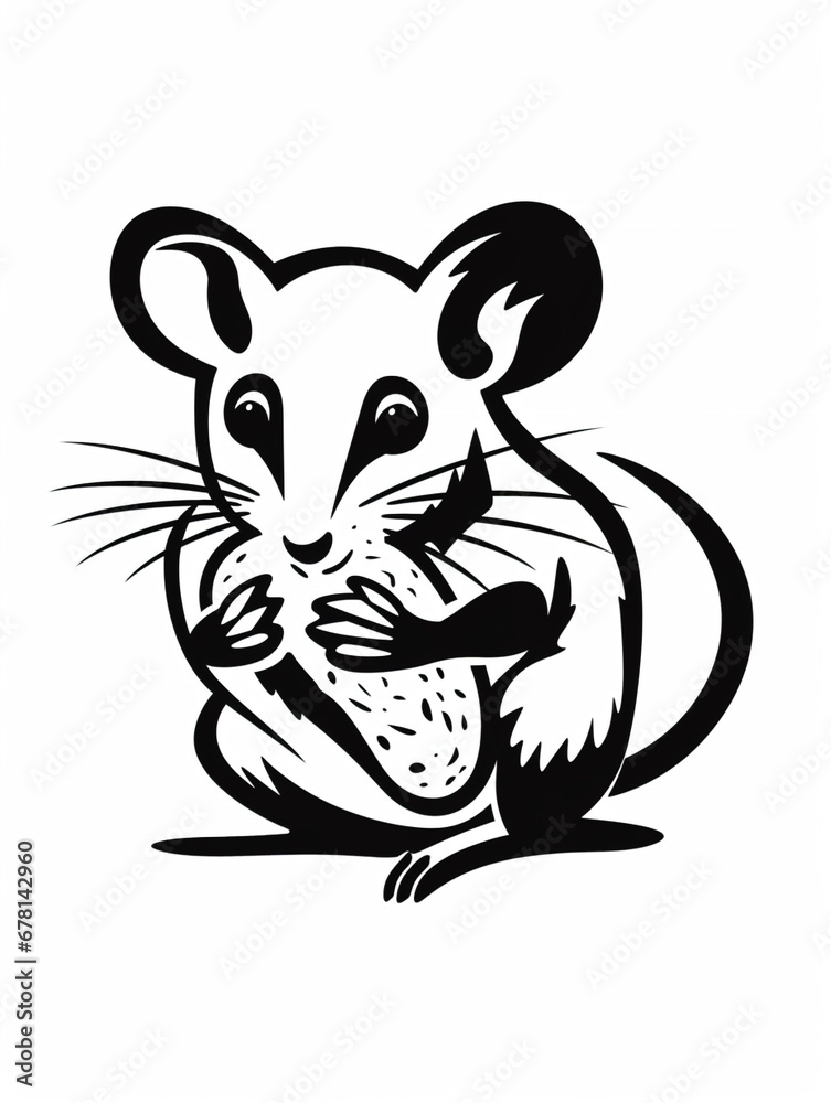 Illustration of stylized mouse enjoying a snack, in a simple, black and white graphic style on white background Illustration of stylized mouse enjoying a snack, in a simple, black and white graphic style on white background