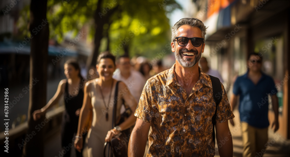 Fototapeta premium Cheerful middle-aged man with sunglasses and patterned shirt, carrying bag over his shoulder, having wide, happy smile on his face walking down a sunny street with a group of people on background 
