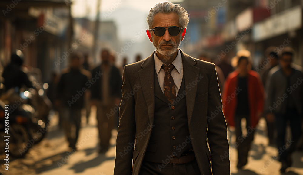Older man walking busy street, dressed in stylish brown suit, complete with a tie and sunglasses, walks towards the camera
Older man walking busy street, dressed in stylish brown suit, complete with a tie and sunglasses, walks towards the camera