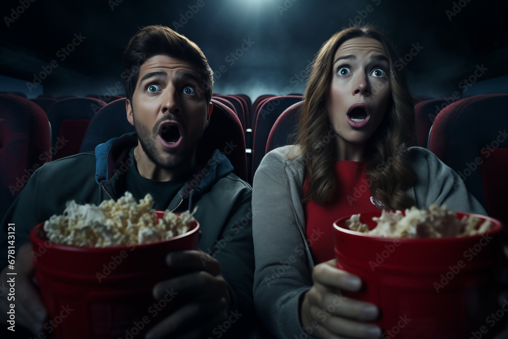 At the cinema, the couple, popcorn forgotten, stunned by an unexpected twist on screen