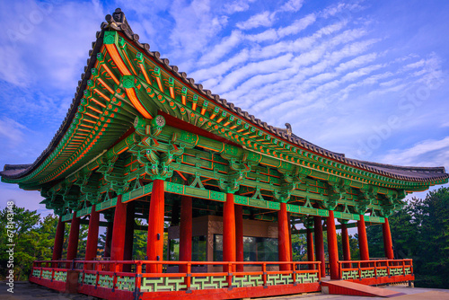 Gyeongju City Landmark Heritage Site in South Korea  of Donggung Palace  Wolji Pond and Anapji Park with traditional Korean architecture and garden at sunset