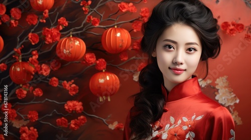 Smiling vogue Chinese girl with Chinese traditional clothing on Chinese new year traditional festival background