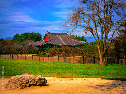 Gyeongju City Landmark Heritage Site in South Korea, of Donggung Palace, Wolji Pond and Anapji Park with traditional Korean architecture and garden at sunset photo