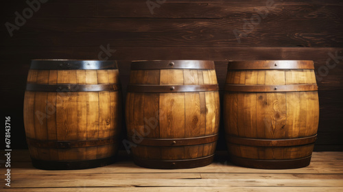 Three wooden barrels on wooden background in cellar of vinery. Generative AI © AngrySun