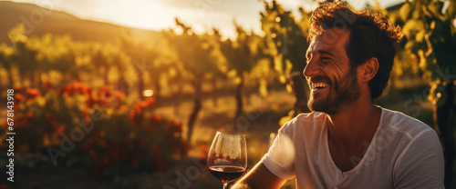 Portrait of a smiling man with a glass of wine, blurred backdrop of vineyard on a sunset. Generative AI