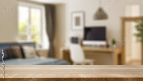 Empty wooden table top on blur teenager s room background  Mockup banner for display of advertise product