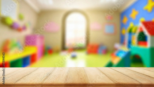 Empty wooden table top on blur kindergarten playroom background, Mockup banner for display of advertise product