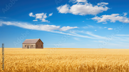 barn on wheat field and blue sky