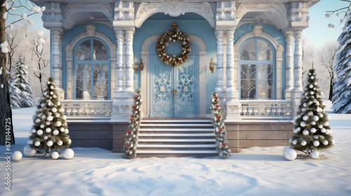 Of a beautiful blue house decorated for Christmas and New Year. © Synthetica
