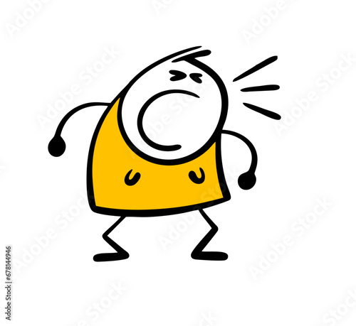 Very aggressive cartoon woman in dress clenched fists, opened mouth and screamed loudly. Vector illustration of female stickman in rage.