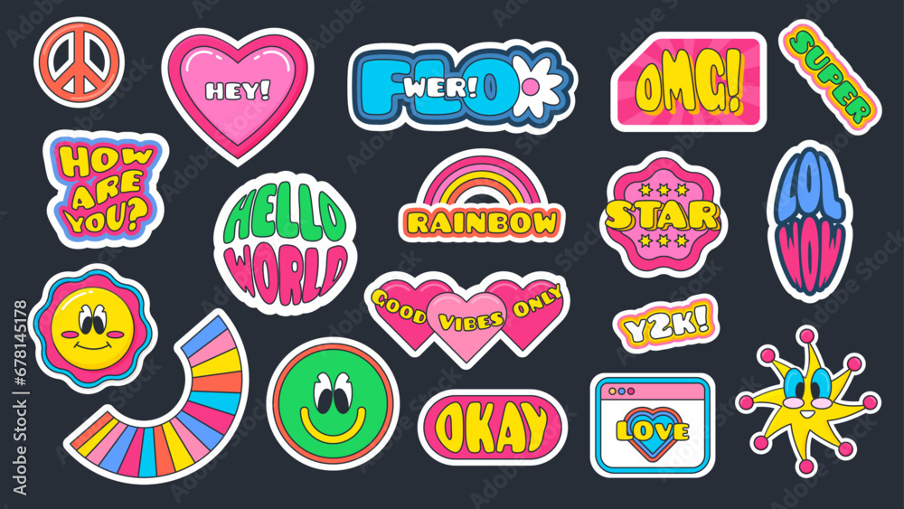 Colorful Set of 18 Retro Stickers in Y2K Style.