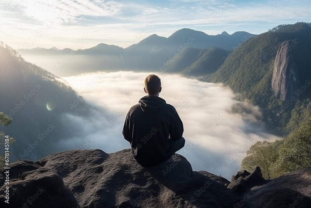 rear view of Young man in black sportswear is sitting on cliff's edge and looking to misty valley bellow, soft light photography