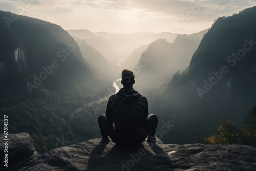 rear view of Young man in black sportswear is sitting on cliff's edge and looking to misty valley bellow, dark light photography