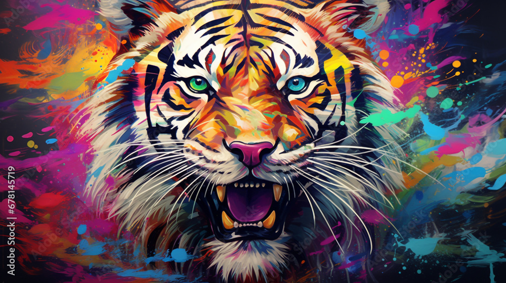 Tête de tigre rugissant sur fond coloré