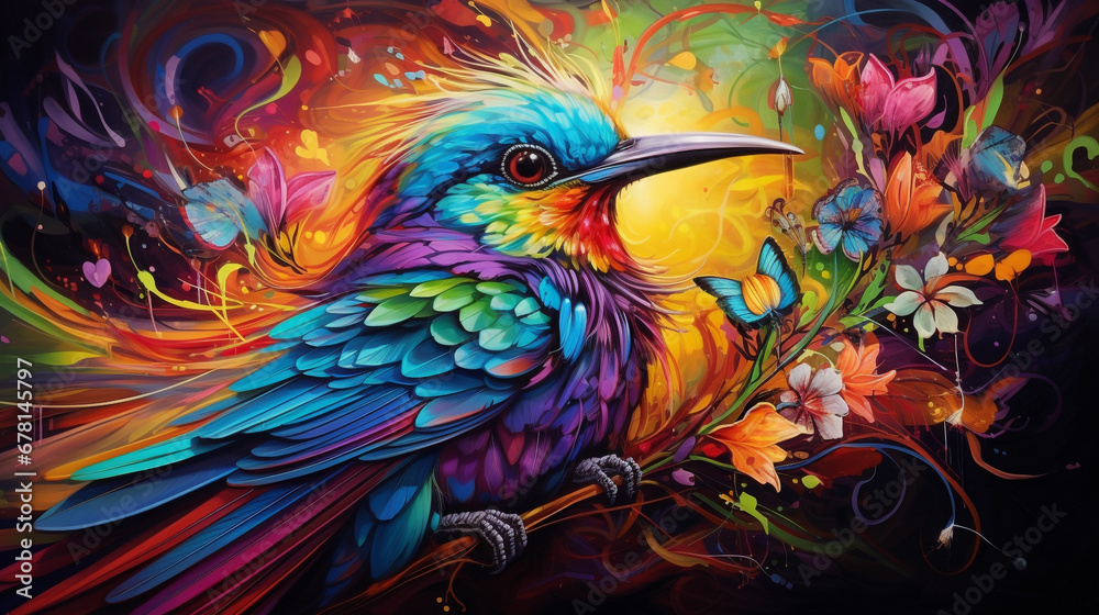 Naklejka premium Belle oiseau coloré entouré de couleurs vives