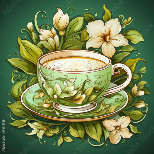 Illustration with a cup of tea surrounded by beautiful flowers. Green and yellow colors, art nouveau style. For logos, backgrounds and other projects about tea and herbal treatment. photo