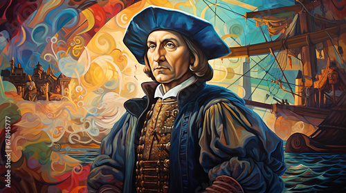 Christophe Colomb, fière navigateur sur fond coloré