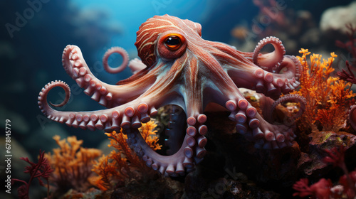 Magnificent octopus among the underwater picturesque landscape with marine life.